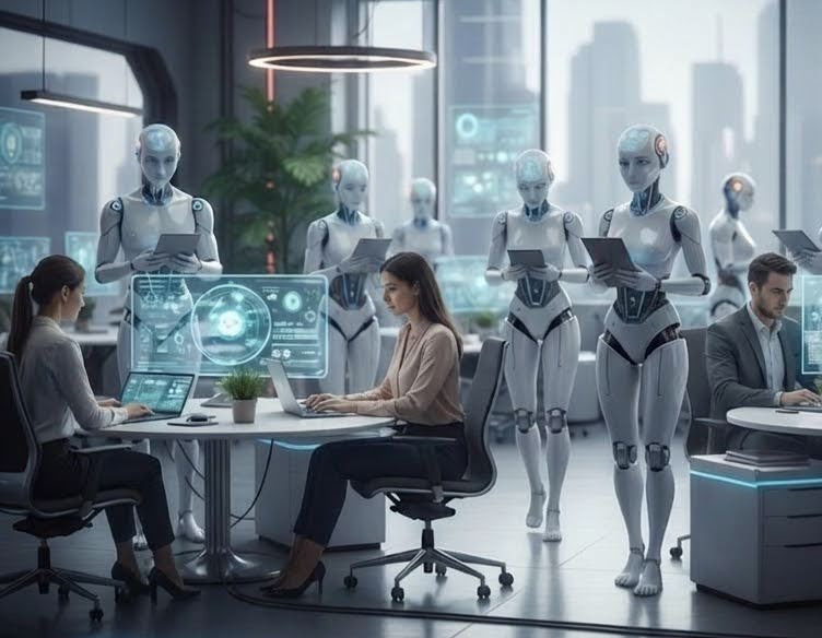 AI Workforce - Robots and humans collaborating in an office